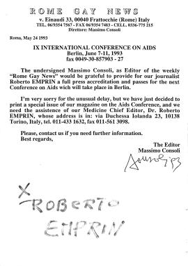 Richiesta di accreditamento, da parte di Massimo Consoli, del giornalista Roberto Emprin, della rivista Rome Gay News, per partecipare alla Nona Conferenza Internazionale sull’AIDS, che si sarebbe tenuta a Berlino dal 7 al 11 giugno 1993