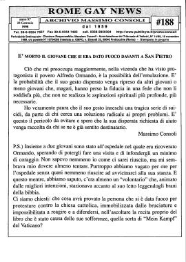 «Rome Gay News», n. 188: "È morto il giovane che si era dato fuoco davanti a San Pietro"