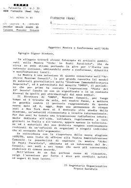 Lettera di Franco Garofalo, Segretario organizzativo di «OMPO». Richiesta al Sindaco di ospitare in Comune la mostra “AIDS le pesti parallele”