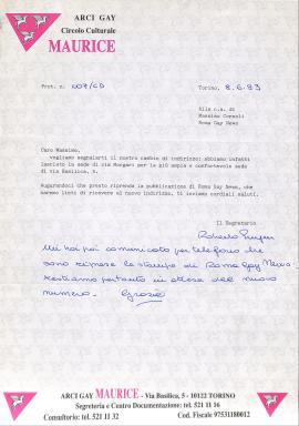 Lettera del Segretario di Arcigay Torino a Massimo Consoli